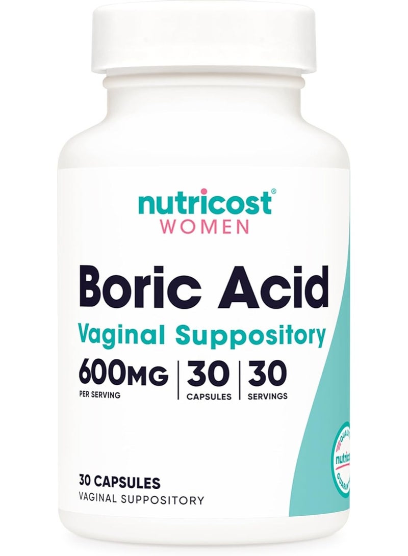 Nutricost Boric Acid 600mg, 30 Capsules - Vaginal Suppository - Non-GMO - for Women - Image 1